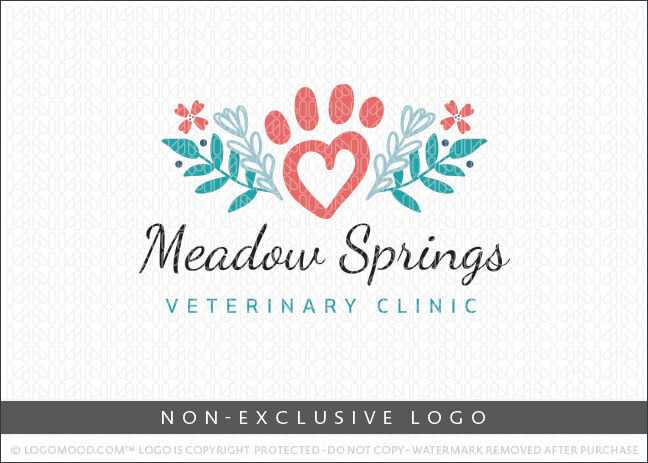 Floral Heart Pet Paw Print Non-Exclusive Logo For Sale LogoMood.com